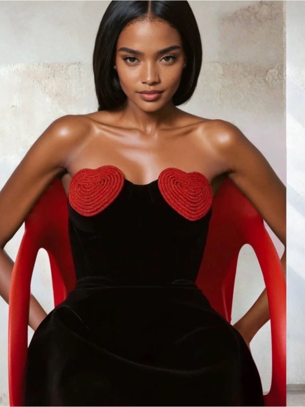 Strapless Black Velvet Dress with Red Heart Accents